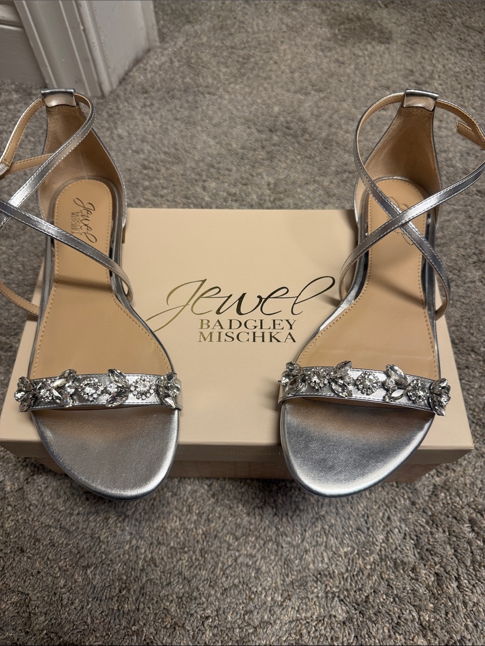 Badgley Mischka Silver Crystal-Strap Open-Toe Heels